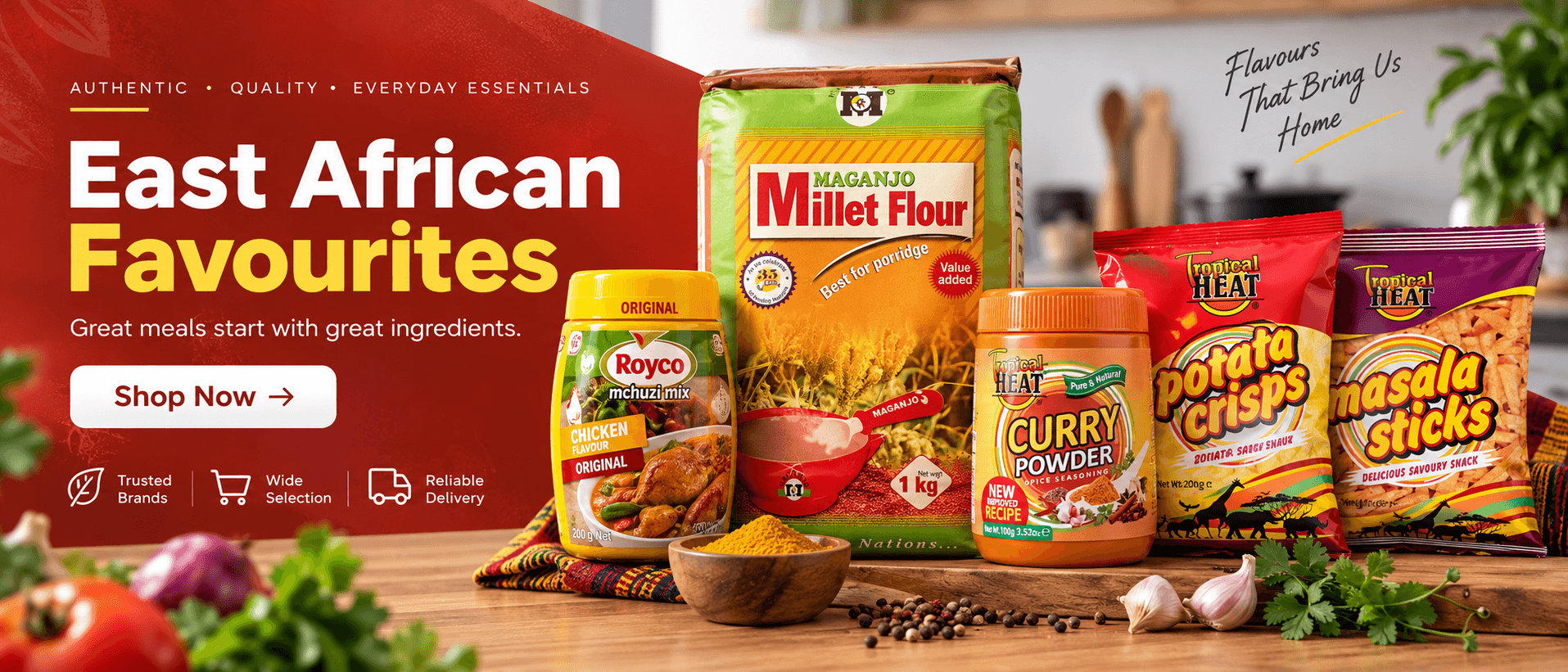 East African favourites banner featuring Maganjo Millet Flour, Royco Mchuzi Mix, Tropical Heat Curry Powder, Potato Crisps, and Masala Sticks.