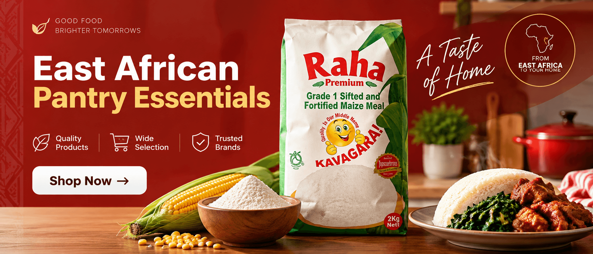 Raha pantry essentials banner featuring Raha Premium maize meal with maize flour and a plated meal.