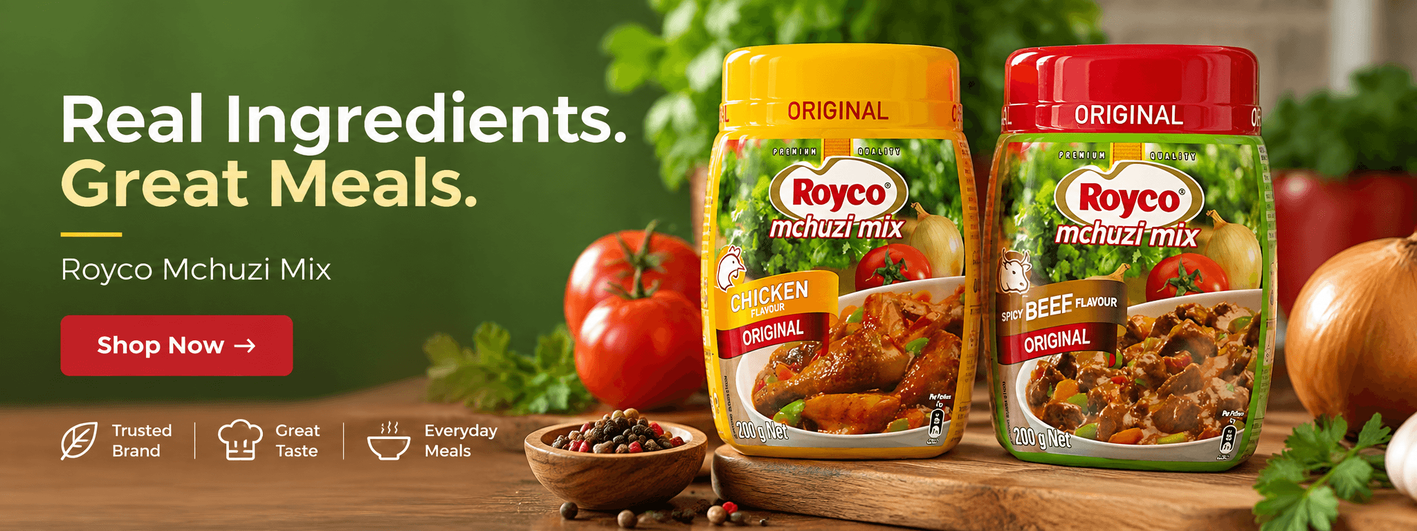 Royco Mchuzi Mix banner featuring chicken and beef flavour packs with fresh cooking ingredients.
